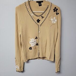 Maurice Sasson Beige Embroidered Floral Cardigan Sweater Vest Sz M Two Piece Set